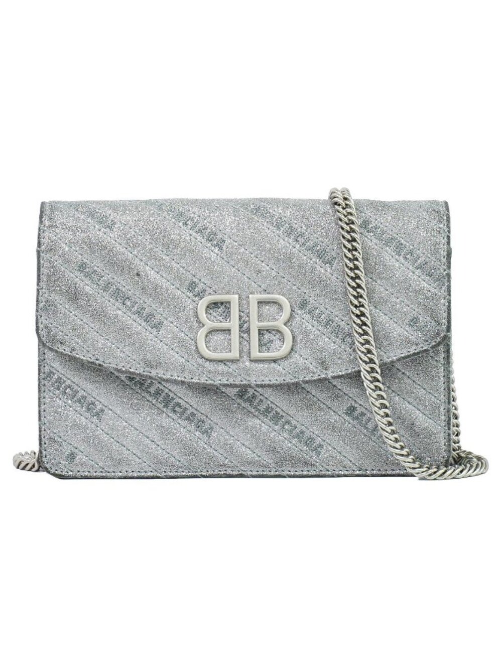 Balenciaga BB 2-Way Chain Wallet on Clutch Leather Silver Glitter